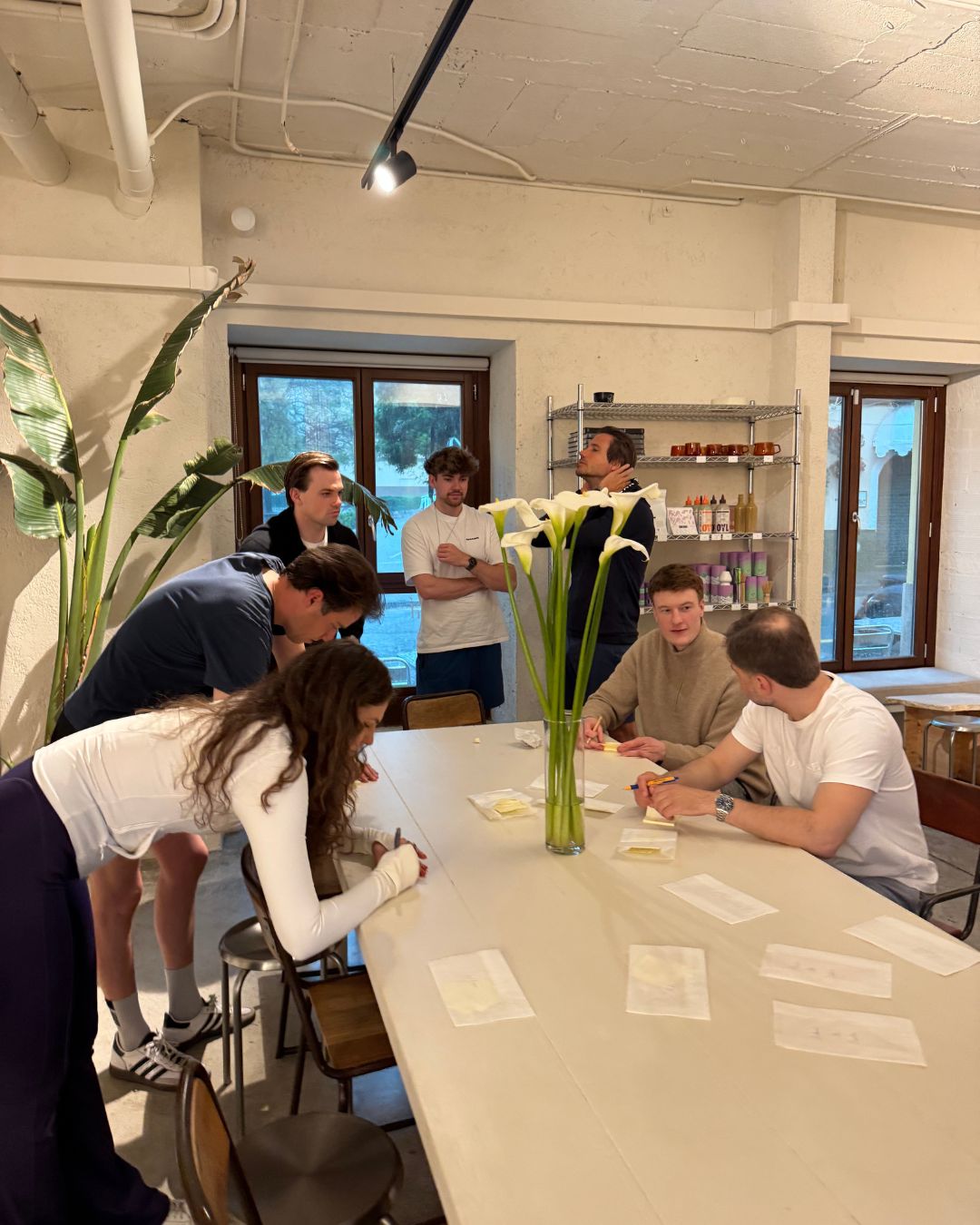 A workshop at a long table
